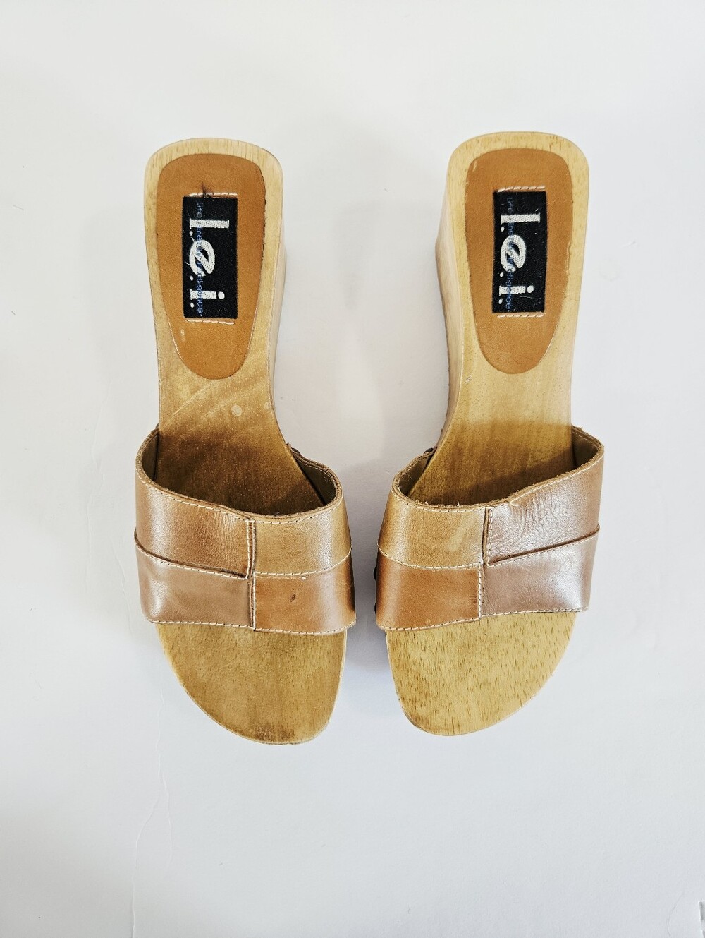 Vintage l.e.i. Wooden Diedra Platform Patchwork Leather Slip On Mule Sandals 8.5 - Picture 10 of 16